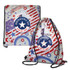 A drawstring backpack featuring a patriotic design in red, white, and blue with a logo and stars.
