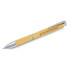 A bamboo pen with silver accents and a logo, showcasing a natural wooden finish.