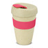 A drink bottle in a natural colour with a pink band and lid, featuring a secure opening mechanism.