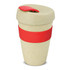 A drink bottle in a light beige colour with a red band and lid, featuring a logo on the side.