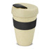 A drink bottle in a pale yellow shade with a black silicone band and lid, featuring a smooth, textured finish.