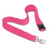 A pink 3D logo lanyard with a clip and buckle attachment for holding ID cards or keys.