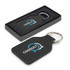 A square, black leather key ring with a metal keychain, presented in a sleek black box.