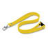 A yellow silicone lanyard with a clip and a soft, flexible strap; features a logo on the clip.