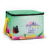 A green cooler bag featuring vibrant floral designs and a butterfly, with a yellow handle and a zip closure.