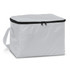 A white insulated cooler bag with a zipper closure and a carrying strap. It features a logo on the side.
