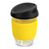 A drink bottle featuring a transparent borosilicate glass body, a yellow silicone sleeve, and a black lid.