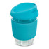 A drink bottle made of borosilicate glass with a turquoise silicone lid and sleeve. It has a branding logo.