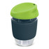 A drink bottle made from borosilicate glass, featuring a green silicone lid and navy blue sleeve.