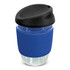 A drink bottle with a clear borosilicate glass body, blue silicone sleeve, and a black lid. It features a logo.