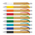 A collection of metal pens with bamboo bodies, featuring various colours for the grips and clips. Each pen has a logo.