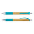 A bamboo pen featuring a silver tip and turquoise accents. It includes a textured grip and a clip.