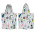A kids hooded towel featuring playful animal and nature designs in pastel colours. It includes a logo.