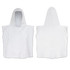 A white hooded towel with a pouch design. Features a hood and a soft texture. Includes branding on the material.