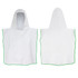 A white hooded towel with green trim, featuring a hooded design for kids. Includes branding on the label.