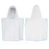 A white hooded towel featuring a blue trim, designed for children. The towel has a hood and a simple, functional shape.