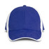 A blue and white cap featuring a structured design and a curved brim, with a logo on the front.