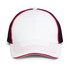 A cap featuring a white front with black and red side panels, showing contrasting stitching. It has a structured design.
