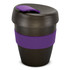 A drink bottle in black with a purple band and lid, featuring a curved design and a logo.