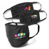 Three black reusable 3-ply cotton face masks featuring colourful logos, arranged with one mask in front.