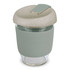 A drink bottle featuring a transparent glass body, a soft green silicone sleeve, and a speckled green lid.
