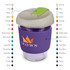 A drink bottle featuring a purple body, a grey lid, and a green toggle, with a logo displayed on the front.