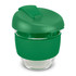 A drink bottle made of borosilicate glass with a green silicone sleeve and lid, featuring a logo.
