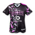 A black and pink men's sports V-neck T-shirt with geometric patterns and a logo.