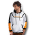A men's sports hoodie featuring a white and orange design with a logo on the front and black accents.