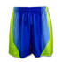 Custom men's sports shorts in blue and bright green, featuring a logo and striped design.