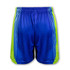 Custom men’s sports shorts in royal blue and vibrant green, featuring an elastic waistband and a logo.