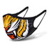 A custom face mask with a tiger graphic design in orange, white, and black colours. It has adjustable straps.