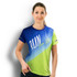 A vibrant blue and green women's sports t-shirt featuring a logo and graphic design.