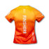 A women's performance V-neck T-shirt in vibrant orange and yellow with a logo and design elements.