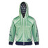 A light green women's zipped hoodie featuring a hood and patterned lining, with a logo on one side.
