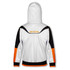 A white and black hoodie with orange accents and a logo on the back. It features a hood and long sleeves.