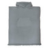 A grey hooded towel with a front pocket and fringed edges, featuring a logo.