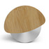 A bamboo pizza cutter with a circular stainless steel blade and a wooden handle, featuring a natural bamboo finish.