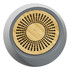 A Bluetooth mini speaker featuring a grey base and a bamboo grill with circular perforations. It has a branding logo.