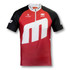 A red and black cycling jersey with a half-zip and a logo. Features vertical stripes and short sleeves.