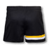 A pair of black sports shorts featuring a yellow and white stripe design, with an elastic waistband and a logo.
