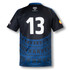 A custom men's rugby performance T-shirt featuring a dark blue and black design with a large number 13 and logo.