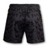 Custom men's volleyball shorts in black with a grey patterned design and yellow accents, featuring a logo.