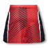 A custom women's netball skirt in red and black with a distinctive striped pattern and white side accents.