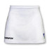 A white women's tennis skirt with a logo on the hem. The fabric appears lightweight and flexible.