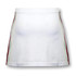 A white women's tennis skirt featuring coloured stripes on the sides and a logo.
