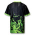 A black sports T-shirt featuring green abstract designs and a green collar. It has a logo on the back.