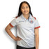 A white sports polo with red sleeves, featuring a logo on the chest, designed for kids' sports uniforms.