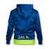 A blue hoodie with a hood and a lime green bottom, featuring a logo and the name "JACK" on the back.