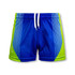Bright blue and green custom kids sports shorts with side stripes and an elastic waistband. Features a logo.